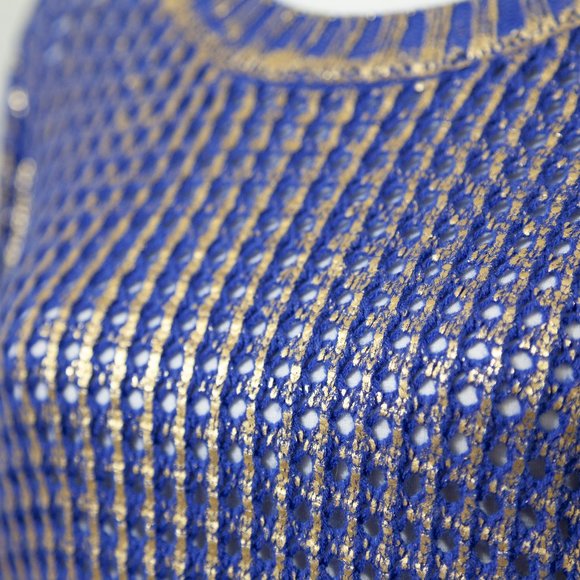 Collective Concepts Women's Blue with Metallic Gold Open Knit Sweater Size Small - Picture 3 of 5